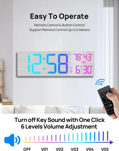 Miniatura 6 de MASHI Reloj de pared digital grande de 18.5", con control remoto, doble alarma con gran pantalla LED, 10 niveles de brillo ajustable, DST, fecha