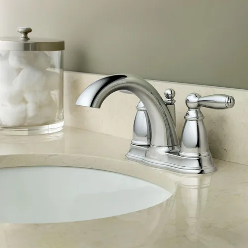 Miniatura 6 de Moen Brantford Cromo Llave de baño centrada de arco bajo tradicional de dos manijas con montaje de desagüe, 6610