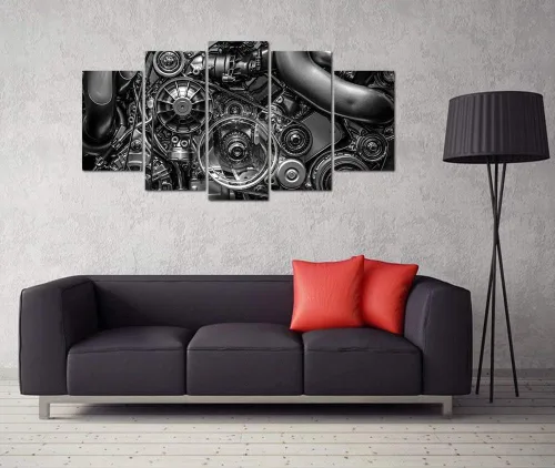 Miniatura 3 de VVOVV Wall Decor - Impresiones en lienzo de 5 piezas de equipo de ingeniería de motor y cadena, fotos en blanco y negro, arte de pared, decoración