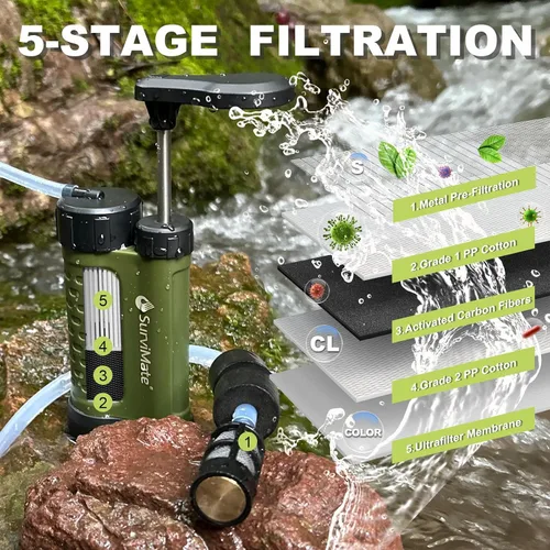 Miniatura 2 de SurviMate Bomba de supervivencia del purificador de agua,Sistema purificador de agua de 5 etapas de 0.01 micrones,Bomba de mano Filtro de agua