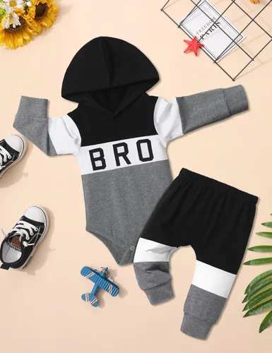 Miniatura 8 de Ropa de bebé niño de manga larga, sudadera con capucha con estampado de letras + pantalones de retazos, 2 piezas, trajes de otoño e invierno