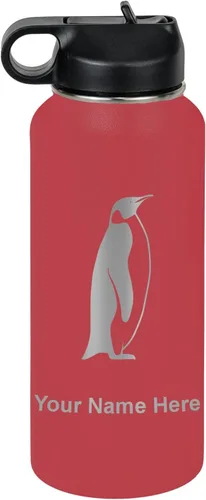 Miniatura 37 de LaserGram Botella de agua personalizada, pingüino, acero inoxidable de doble pared aislada al vacío con popote superior, regalo grabado