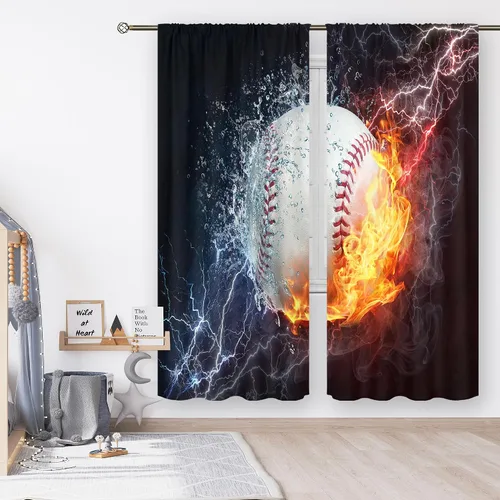 Miniatura 11 de Cortinas deportivas para niños de 29 pulgadas de ancho x 63 pulgadas de largo, bolsillo para barra, diseño abstracto de llamas, básquetbol