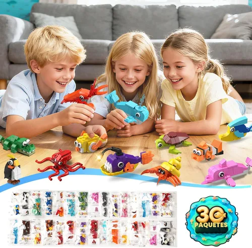 Miniatura 2 de Paquete de 30 recuerdos de fiesta de animales para niños, 824 piezas de juguetes de bloques de construcción de animales marinos para bolsas