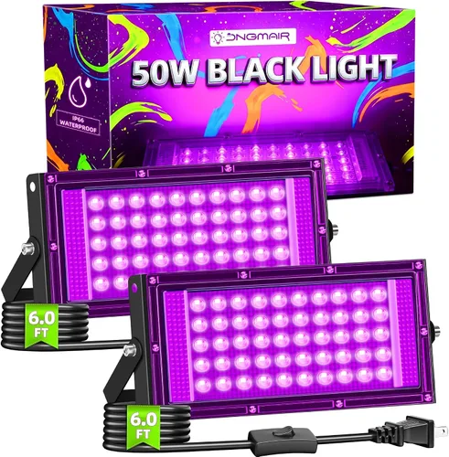 Luces negras de 50 W, IP66, impermeables, para exteriores, reflectores de luz negra con interruptor, enchufe, cable de 6 pies para fiesta brillante,