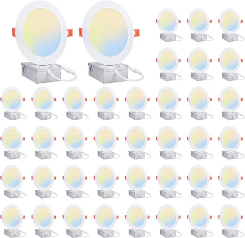 Paquete de 40 luces LED empotrables ultrafinas de 4 pulgadas con caja de conexiones -5CCT 2700K/3000K/3500K/4000K/5000K seleccionables, 9W 720LM