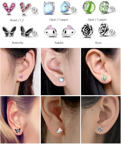 Miniatura 5 de Juego de 20 pares de aretes de ópalo de acero inoxidable para mujeres y niñas, animales arco iris, mariquita, abeja, mariposa, gato, serpiente