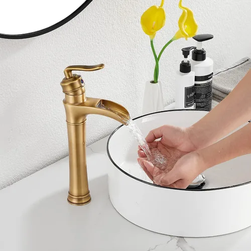 Miniatura 7 de Grifo de baño de cascada de latón antiguo GGStudy con una sola manija de un agujero, grifo de lavabo de baño a juego con drenaje desplegable