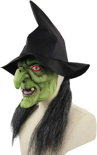 Miniatura 2 de Máscara de bruja vieja de Halloween, color verde aterrador, máscara de bruja espeluznante con sombrero para el pelo, accesorio para cosplay, disfraz