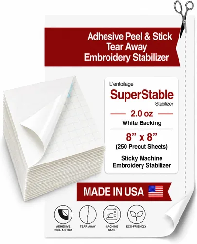 Superpunch Adhesive Peel & Stick Tear Away Embroidery Stabilizer, 2.0 oz White Backing (8'' x 8'' 250 Precut Sheets), Sticky Machine Embroidery