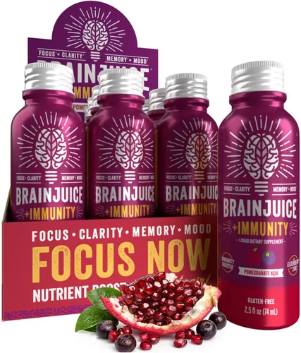 BrainJuice Disparo de apoyo cerebral, suplemento sin gluten para energía y concentración, bebidas saludables con Alpha GPC, vitamina B, 2.5 onzas