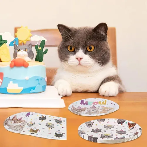 Miniatura 5 de 40 piezas de suministros para fiesta de cumpleaños de gatos, decoraciones de fiesta de cumpleaños para gatos, platos y servilletas, suministros