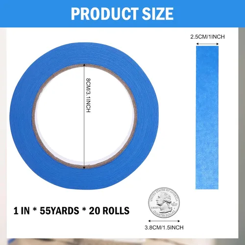 Miniatura 7 de EFOK Cinta de Pintor Azul 1 Pulgada a Granel - Cinta de Pintura 20 Rollos x 1 Pulgada x 55 Yardas - Cinta de Pintor Azul Cinta de Enmascarar