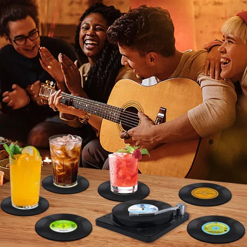 Miniatura 3 de Divertidos posavasos retro de discos para bebidas con soporte para reproductor de vinilo para amantes de la música, juego de 6 posavasos