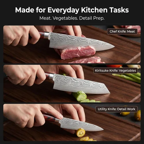 Miniatura 7 de Juego de cuchillos de cocina de 3 piezas, cuchillos afilados de acero inoxidable de alto carbono con vainas, chef de 8 pulgadas, Kiritsuke de 7.5
