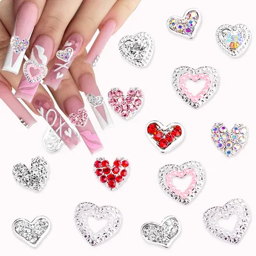 15 dijes de corazón para uñas, plata 3D, diamantes de imitación de corazón de lujo para uñas, decoración de uñas para el día de San Valentín, diseño