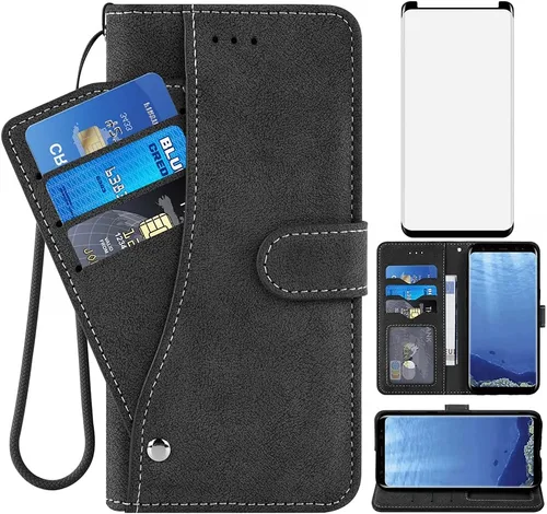 Asuwish Compatible con Samsung Galaxy S9 Plus Funda tipo cartera y protector de pantalla de vidrio templado, funda con tapa para tarjetero, Negro