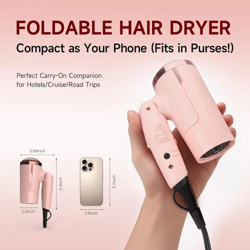 Miniatura 4 de PRITECH - Secador de pelo de viaje de doble voltaje de 1250 W con difusor, plegable Pink Blow Dryer with Concentrator,110V/220V Worldwide Use,Mini