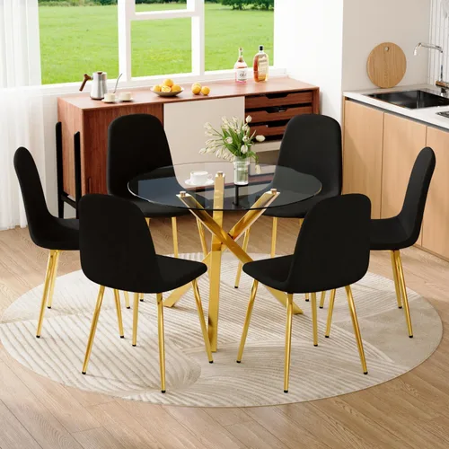 Miniatura 44 de Juego de mesa de comedor redonda para 6, juego de mesa de comedor de vidrio de 39 pulgadas con base de metal ajustable dorada en forma de X y 6