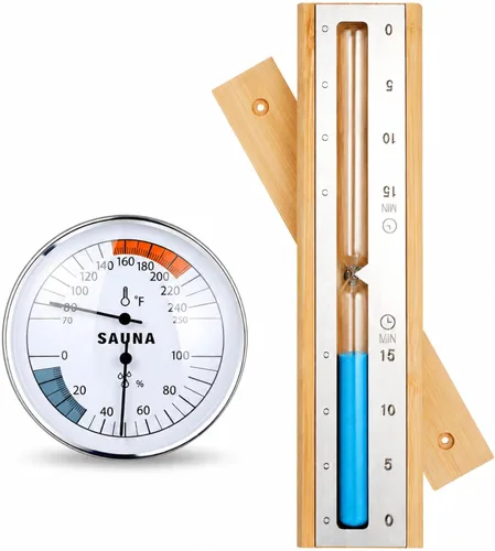 Tellegloww Juego de 2 termómetros de sauna 2 en 1, higrómetro y temporizador de sauna, juego de arena Fahrenheit y Celsius hecho a mano de madera de