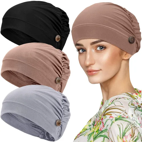 Miniatura 10 de Geyoga Gorras Bouffant con botones, unisex, elástica, turbante con botones para mujer, 3 piezas, Negro, Talla única