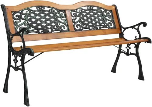 Outvita Banco de jardín de 49.5 pulgadas, asiento de madera dura y banco de parque con reposabrazos de metal para patio, porche, camino, césped,
