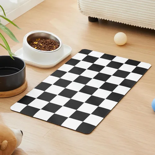 Tapete de alimentación para perros a cuadros, absorbentes para comida y cuenco de agua, dispensador, comedero, mantel individual de tablero de Negro