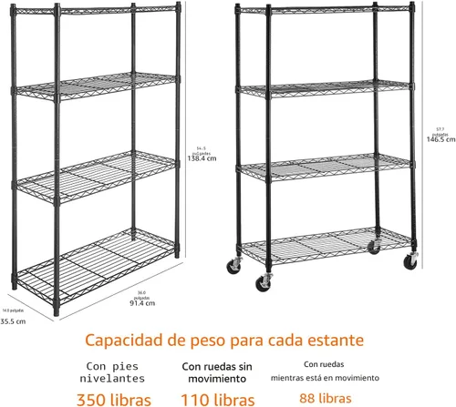 Miniatura 3 de Amazon Basics Estantería de almacenamiento ajustable de 4 estantes, resistente, sobre ruedas giratorias de 3 pulgadas, estante de alambre Negro