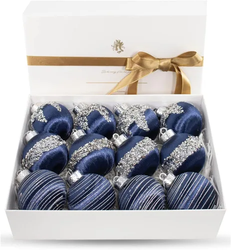 12 piezas de adornos de bola de Navidad de satén, lujosas decoraciones colgantes de árbol de seda para corona de Navidad, boda, fiesta (azul)