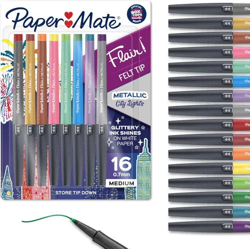 Paper Mate Flair - Bolígrafos metálicos de punta de fieltro, colección City Lights, colores surtidos brillantes, tinta premium, 16 unidades,