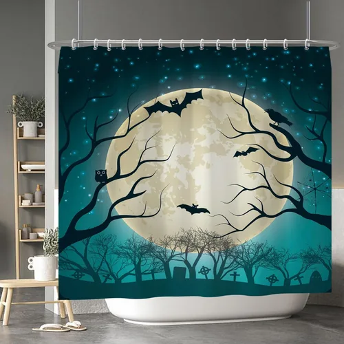 Miniatura 60 de Cortina de ducha de fantasma y gato negro para niños, 36 x 72 pulgadas, espeluznante y bonita, cortina de baño de Halloween con 6 ganchos, cortina