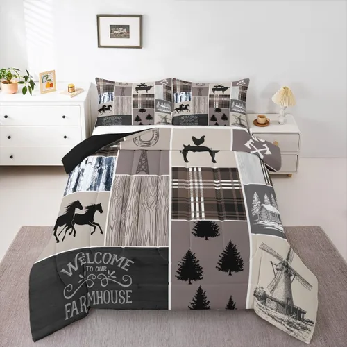 Miniatura 179 de Juego de edredón de oso y ciervo, tamaño individual, ropa de cama de animales salvajes de caza, colcha rústica de cabaña, casa de campo, cuadros