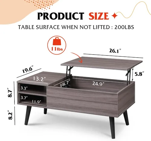 Miniatura 3 de WLIVE Mesa de centro con tapa elevable para sala de estar, mesa de centro pequeña con almacenamiento, estante ajustable y compartimento