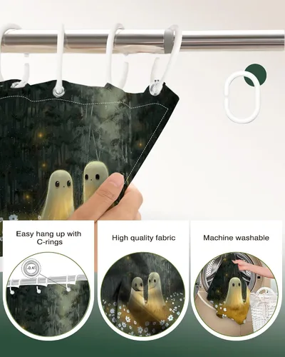 Miniatura 4 de Lindameler Cortina de ducha de Halloween de tela espeluznante, bonita cortina de baño de fantasma, decoración con 12 ganchos de 72 x 72 pulgadas