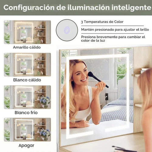 Miniatura 3 de Yechen - Tocador de 35" estilo bohemio con espejo iluminado con LED y regleta de enchufes, juego de mesa de maquillaje de madera con cajones