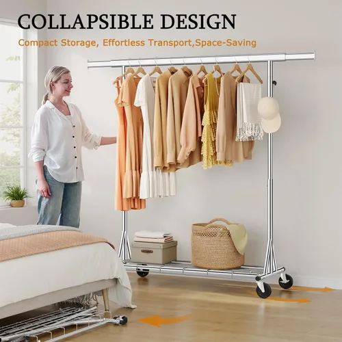Miniatura 9 de Gewudraw Perchero resistente para ropa con capacidad de carga de 240 kg, estante de ropa de metal con ruedas y estantes resistentes, perchero Plata