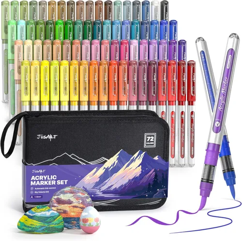 JusArt Marcadores de pintura acrílica de 72 colores con bolsa de lona, bolígrafos de pintura a base de agua que no se corren con control automático