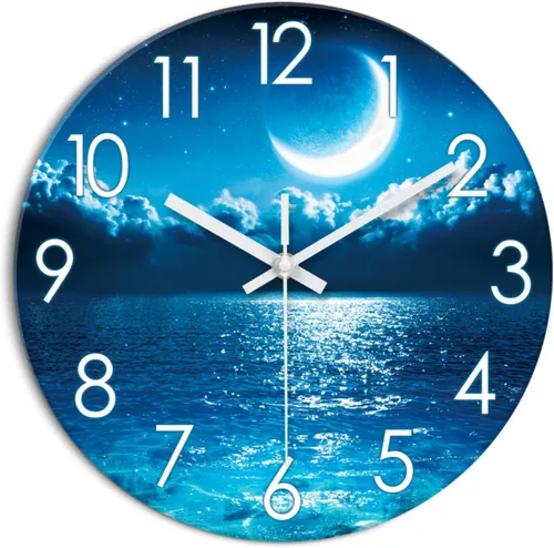 Miniatura 8 de XFM Reloj de pared azul con pilas, 12 pulgadas, silencioso, sin tictac, de cristal, luna, océano, ondas, relojes redondos para decoración de cocina