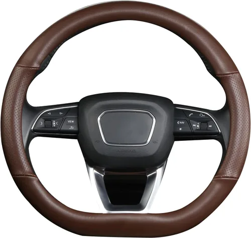 Miniatura 8 de Cxtiy Funda para volante en forma de D, de piel auténtica, parte inferior plana, accesorios de automóvil de lujo de 14 1/2-15 pulgadas (negro)