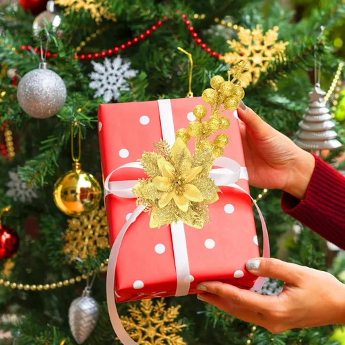 Miniatura 5 de Kit de 36 piezas de adornos de tallos de flores de nochebuena con purpurina y bayas, 24 piezas de flores artificiales con clips y 12 piezas de púas