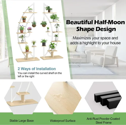 Miniatura 4 de Soporte de metal para plantas de 6 niveles, estante para plantas en forma de media luna para interiores con colgador y dispositivo antivuelco