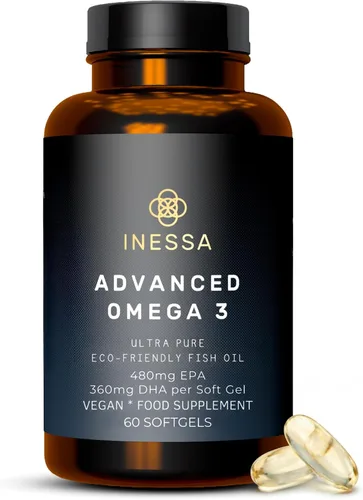 Aceite de pescado Omega 3 1200 mg (480 mg EPA/360 mg DHA por cápsula) de alta resistencia, ultra puro, respetuoso con el medio ambiente, 60