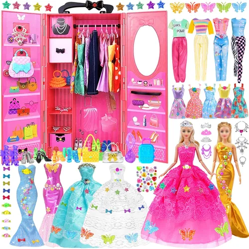Juego de 139 piezas de muñeca y armario de moda de 11.5 pulgadas: vestido de novia, trajes, zapatos, bolsos, collar, accesorios de calcomanías de