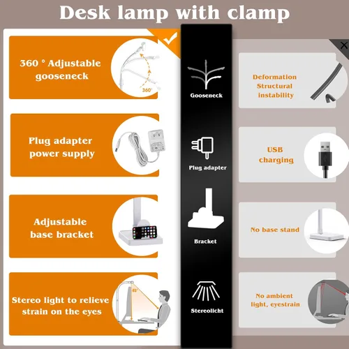 Miniatura 5 de AKRRYR Lámpara de escritorio LED para el hogar y la oficina, lámpara de 24 W brillante y para el cuidado de los ojos con base, luz de trabajo