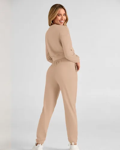 Miniatura 72 de BTFBM Conjunto deportivo de 2 piezas para mujer, camiseta corta de manga larga, sin botones, pantalón con cordón ajustable, pantalones deportivos
