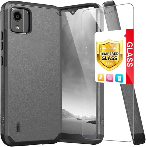 TJS Funda compatible con Nokia C110 N156DL, con protector de pantalla de vidrio templado de doble capa, soporte magnético híbrido a prueba de Gris