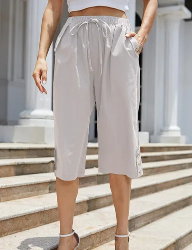 Miniatura 2 de WROLEM Women Pocket Pants Lightweight Wide Leg Drawstring Elastic Waist Yoga Lounge Cropped Pants