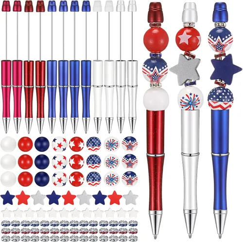 Miniatura 7 de Geyee Juego de 12 bolígrafos con cuentas de la bandera estadounidense, Día de la Independencia, juego de cuentas de madera del 4 de julio, juego
