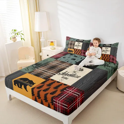 Miniatura 17 de Sábana bajera de retazos rústicos, sábanas de ciervos de oso para niños, adolescentes, adultos, mujeres, juego de ropa de cama rústica de granja