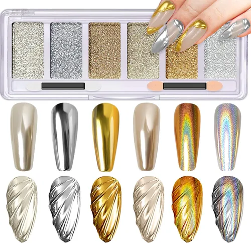 Polvo de uñas cromado dorado y plateado, polvo holográfico iridiscente de unicornio cromado para uñas, 6 colores con efecto espejo metálico,